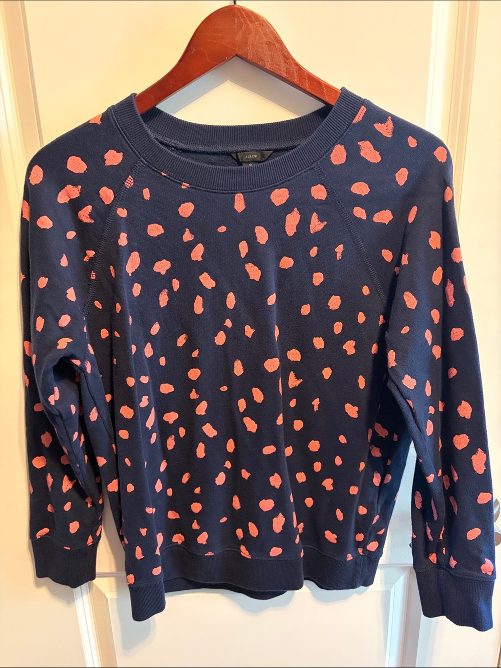 J. Crew Navy Crewneck Sweater with Pink Spot Print